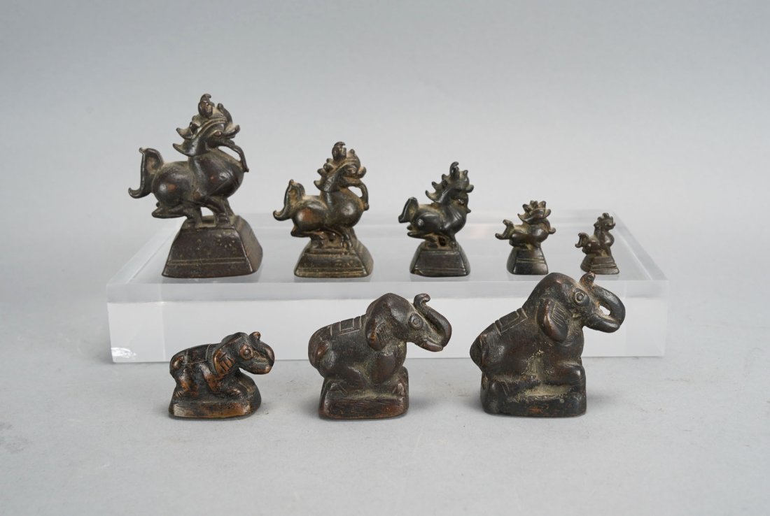 Good Group of Antique Asian Graduated Size Bronze Opium Weights Roosters and Elephants: Ca. second half 19thC. All show typical age appropriate wear, with minor surface dings and original patina. We find these weights attributed to Thailand, Burma and China. Largest bronze measures appro