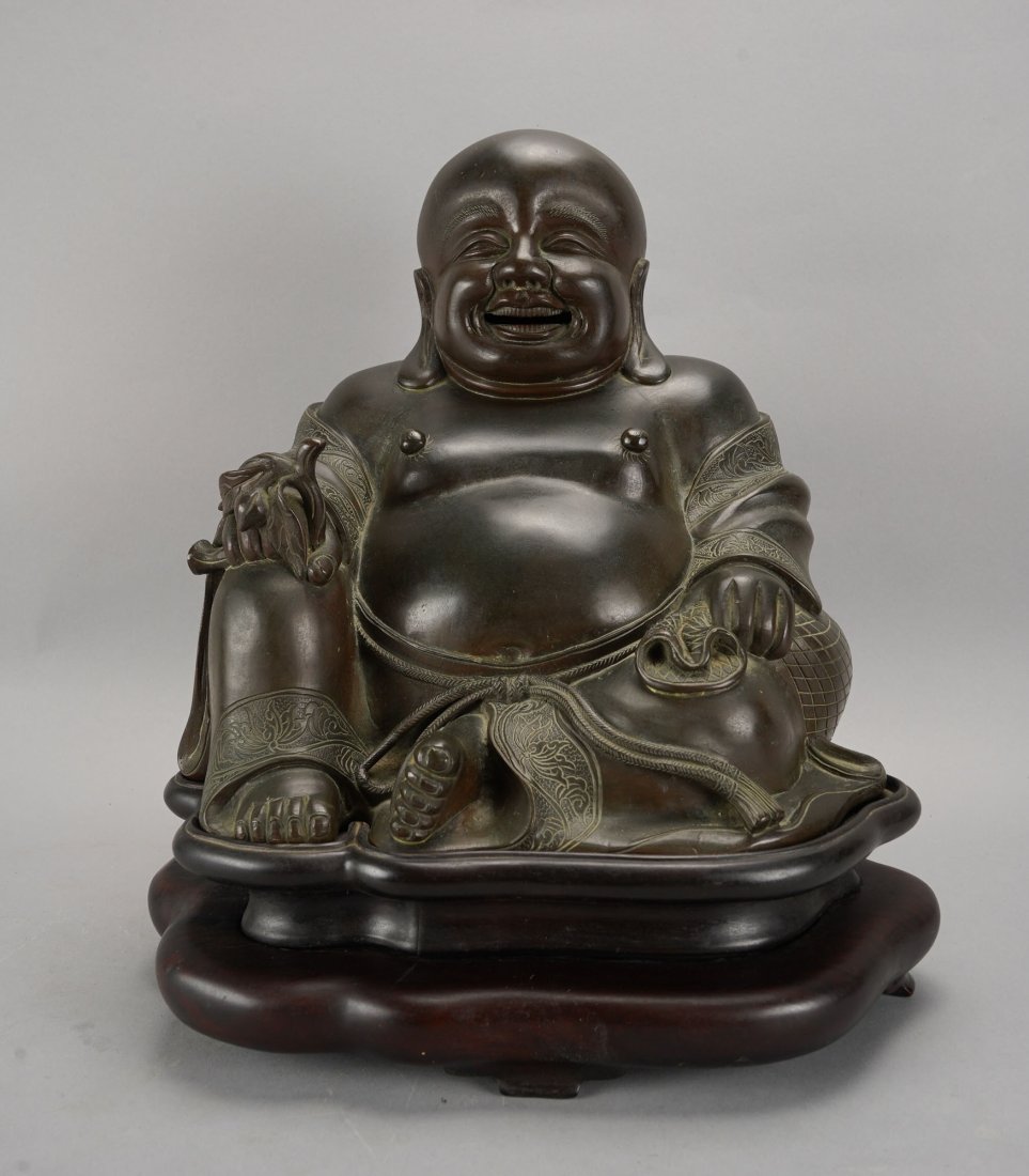 Fine Antique Japanese Meiji Era Bronze Laughing Buddha Figurine Hotei Statue w/Wood Base: Ca. late 19th-early 20thC. Excellent with no breaks, splits or repairs. No dents or dings. The two-part fitted carved wood base is also in very good original condition. Height without base approx. 10"