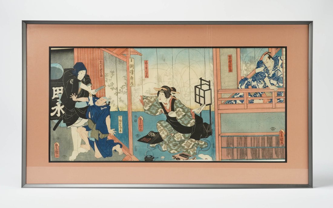 Antique Japanese Woodblock Print Kabuki Triptych Utagawa Fusatane: Ca. Meiji Period. Very good sight condition as shown, unexamined out of the frame. Approx. sight size H: 13 1/2" W: 18".