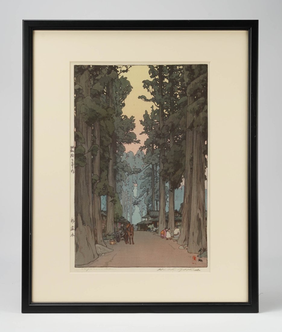 Framed Japanese Woodblock Print by Hiroshi Yoshida titled Cryptomeria Avenue: Ca. 20thC. Very good sight condition; framed, matted and sealed under glass. This print unexamined out of frame, however, the Shogun Gallery is world renowned for museum quality framing-meaning they u