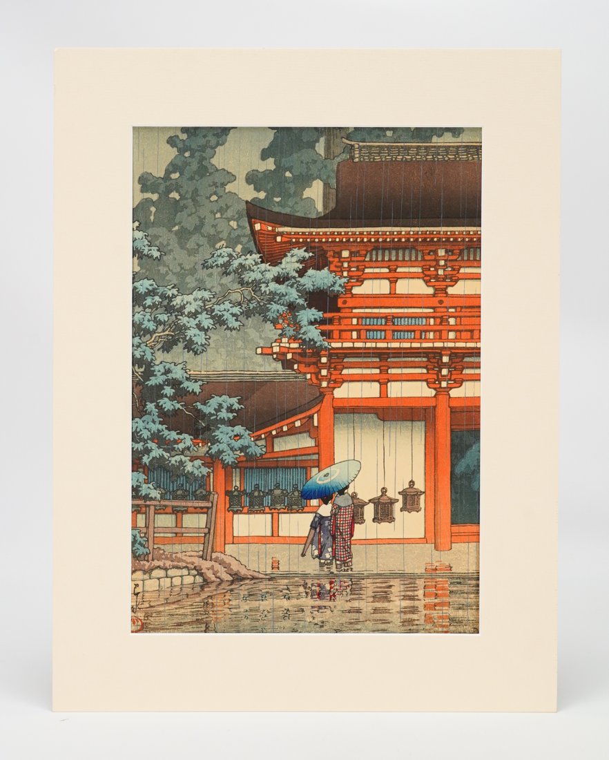 Japanese Woodblock Print Kawase Hasui KASUGA SHRINE, NARA: Japanese woodblock print by Kawase Hasui (1883-1957), depicting a rainy day at Kasuga Shrine, Nara. Approx. sight size H: 13" W: 9".