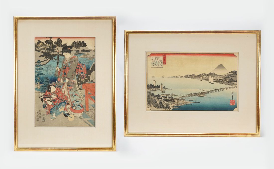 Two Vintage Japanese Woodblock Prints Framed and Sealed: Fine sight condition as shown. Gilt gold frames are high quality, with the original woodblock prints matted and sealed under glass. The bridge woodblock frame measures approx. 16 1/4" x 20 3/4". The s