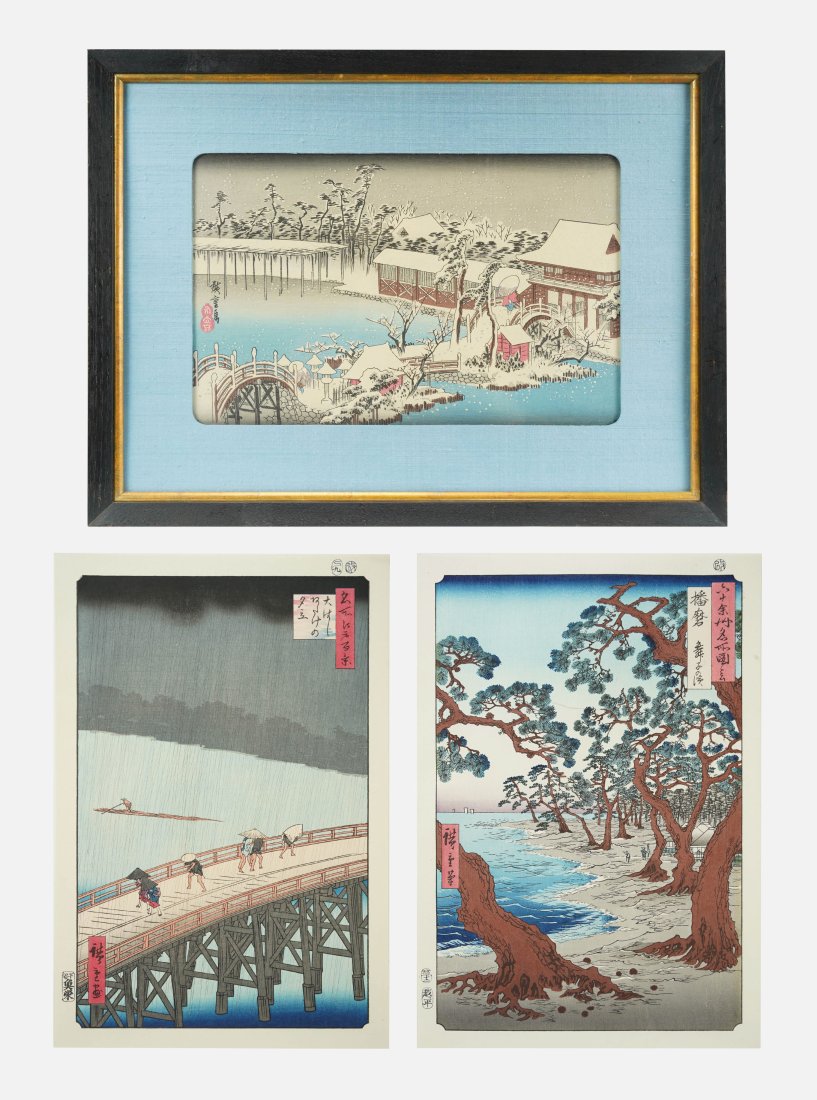 Three Japanese Woodblock Prints incl. Rain at Nihonbashi Bridge by Hiroshige: Hiroshige print is in excellent sight condition, remaining sealed and matted under glass, size approx. 14 1/2" X 19 1/2". Unexamined out of frame.