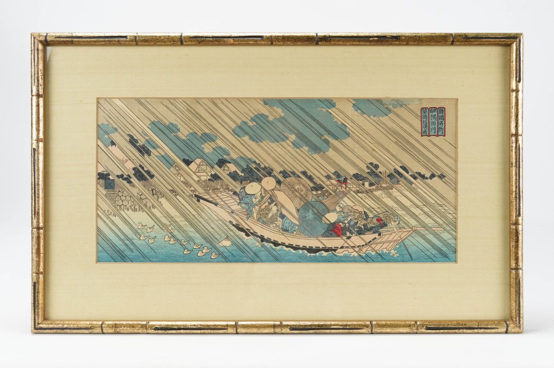 20thC Japanese Woodblock Print by Totoya Hokkei titled Sumida River in Musashi Providence: Framed, matted and sealed under glass. Very good sight condition. Unexamined out of frame. Approx. sight size H: 6 3/4" W: 14 1/2".