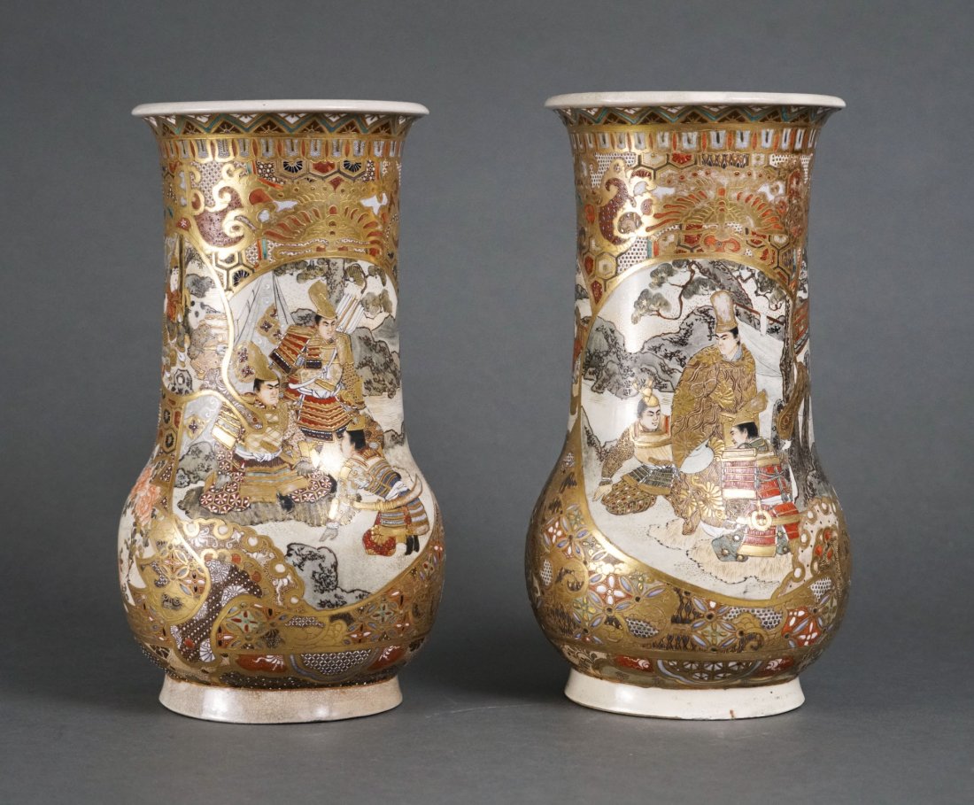 Antique Japanese Meiji Tall and Fat Satsuma Vase Pair: Ca. last half 19thC. Very good condition with expected age appropriate crazing and some bottom staining as shown. One of the vases has a repaired top rim, not significant at all. Hard to spot without 