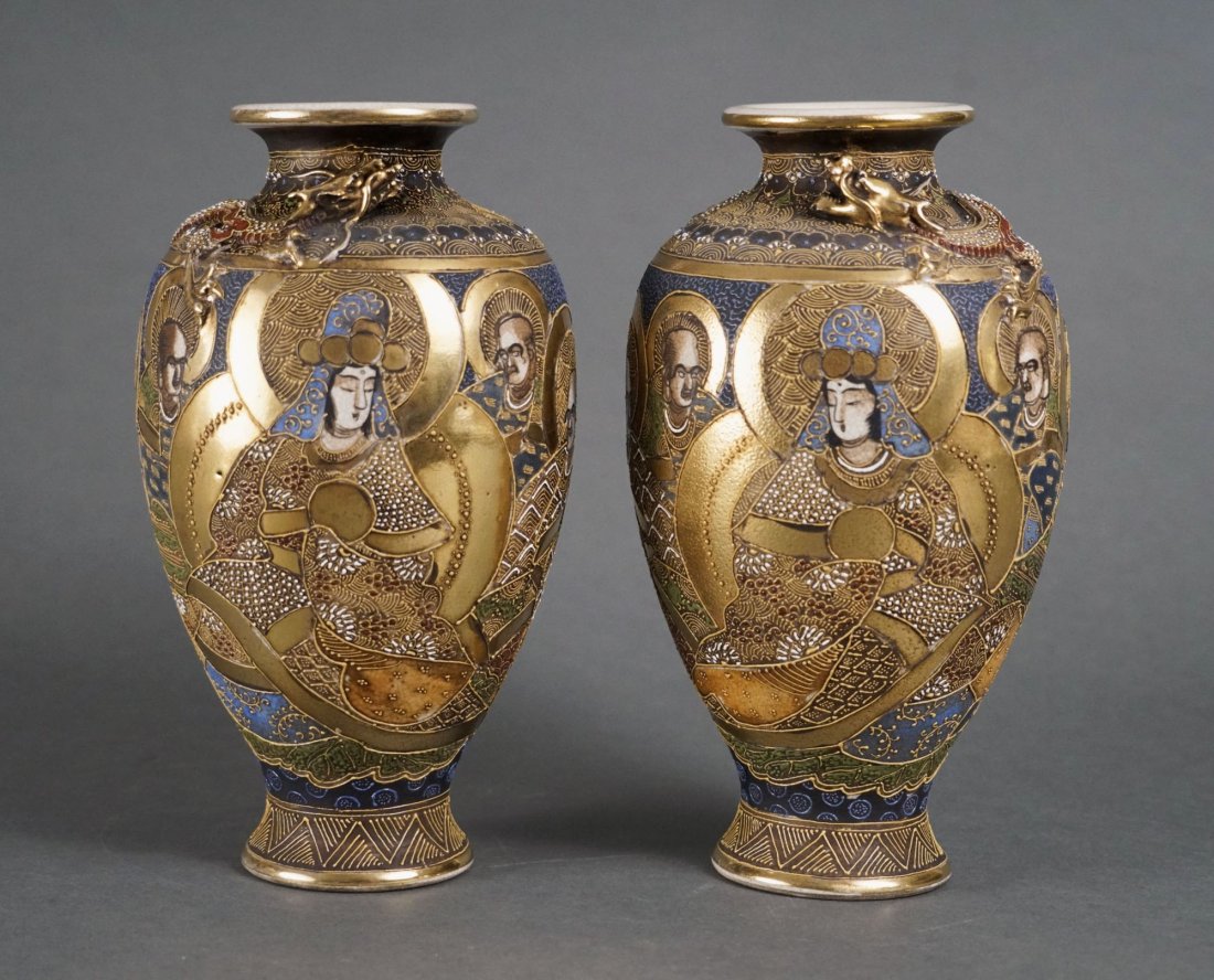 Fine Pair Antique Japanese Meiji Moriage Satsuma Vases w/Dragons: Ca. last quarter 19th to first quarter 20thC. Exceptional condition with no chips, cracks or repairs, minor to no significant crazing, minor to no staining. Rim measures approx. 3 1/4".
