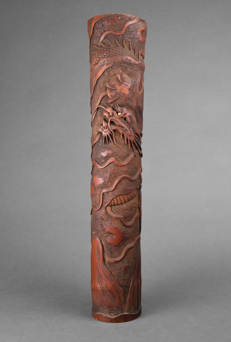 Large Antique 19thC Japanese Carved Bamboo Post 25" Tall Dragon Vase: Ca. Meiji period, very good with no cracks, repairs or splits. We have seen these also referred to as perfumiers, in which you drop a sachet of scented and spiced leaves.