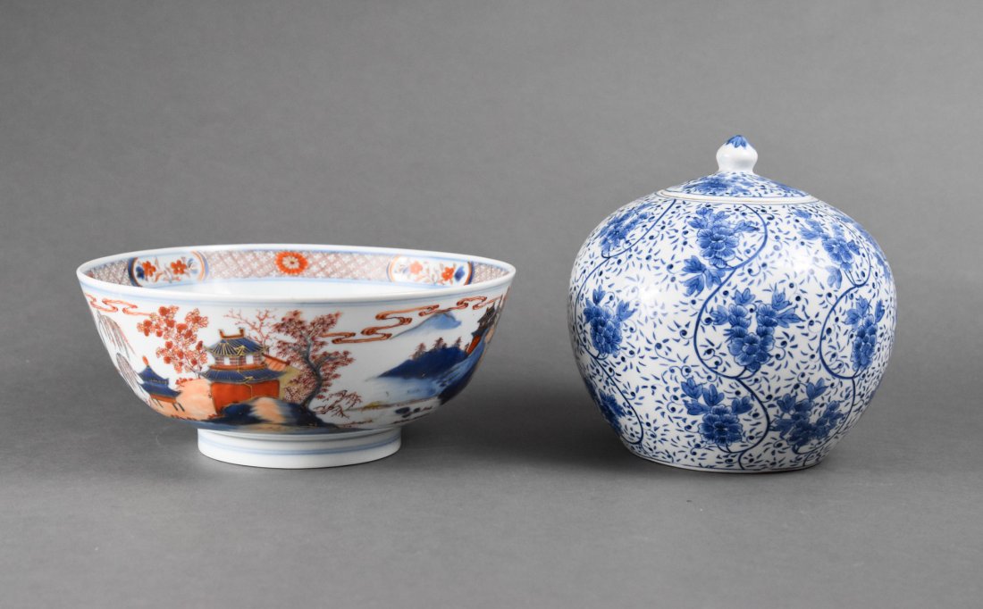 Antique Japanese Blue & White Ginger Jar w/Lid plus Large Imari Bowl: Ca. late 19th to early 20thC. The ginger jar is excellent with no chips, cracks or repairs. The Imari bowl has hairline cracks. These cracks are not noticeable visually, however, the distinctive rattl