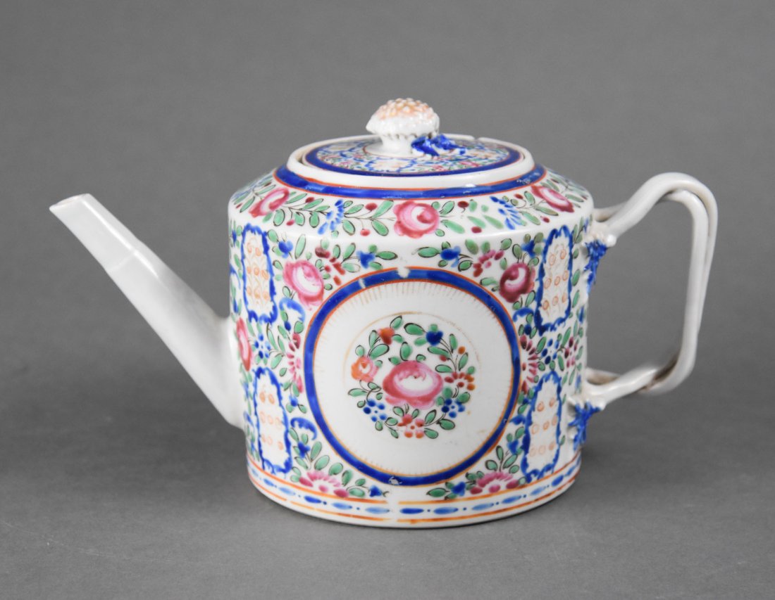 Good Chinese Antique Famille Rose Straight Spout Porcelain Teapot: Ca. mid to late 18th, possibly up to early 19thC. Fine color remains bright and complete, with not much surface enamel wear. However there is one tiny rim chip on the inside of the pot. See pictures.