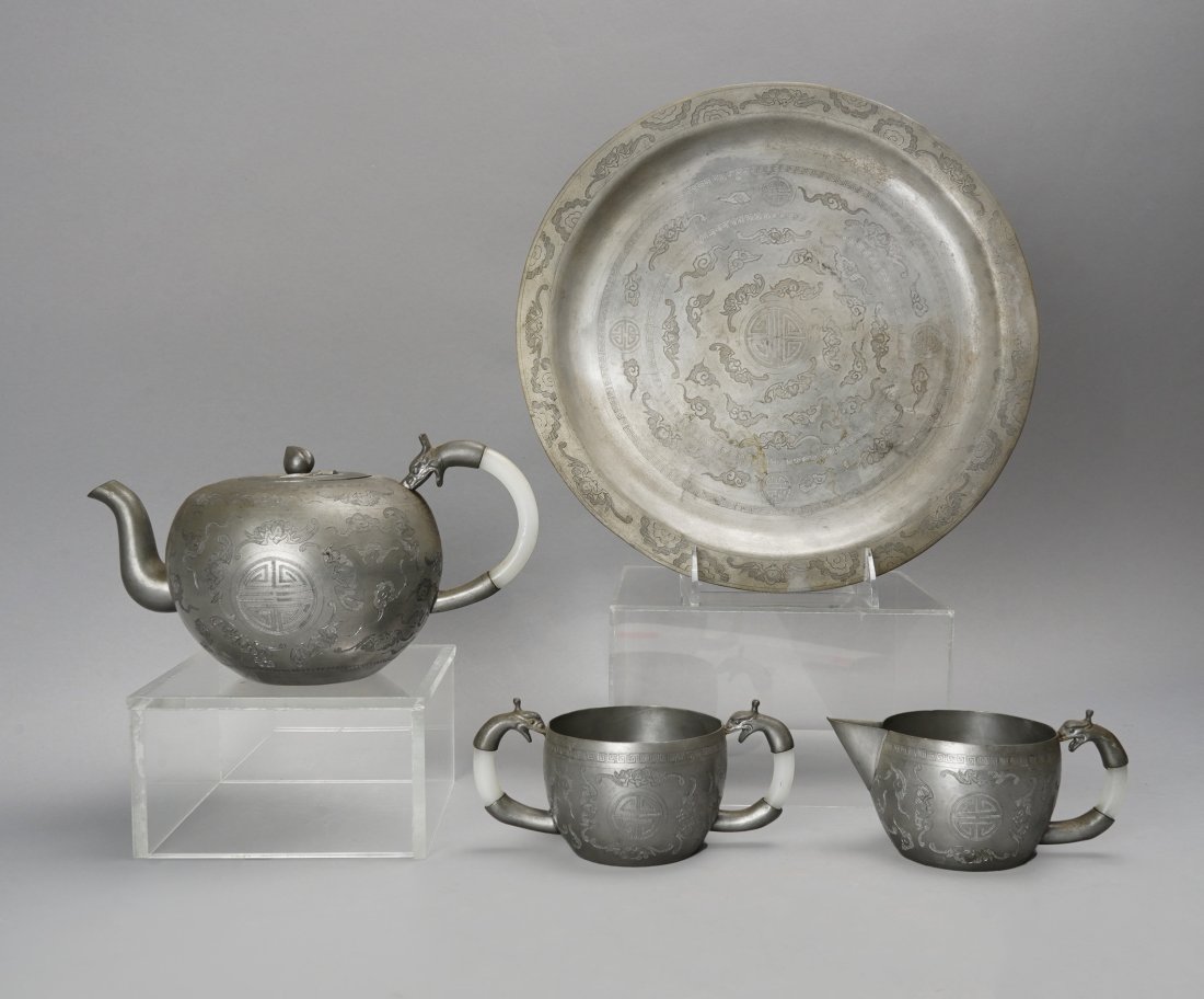 Antique Chinese Qing Dynasty Pewter and Jade 4 pc Tea Set: Ca. late 19th to 1st quarter 20thC. Good with no cracks, breaks or repairs. Does have age appropriate and expected surface light dings and light staining-enlarge pictures to view the condition clearly