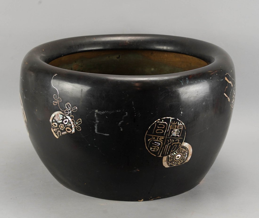 Huge Antique Japanese Meiji Lacquered Terracotta Planter w/Inset Mother of Pearl Inlays: Ca. late 19th to early 20thC. Very good with lacquer loss at base rim, otherwise complete. Appears to be constructed with a base form of red terracotta clay, over the clay a thin fabric covers the ent