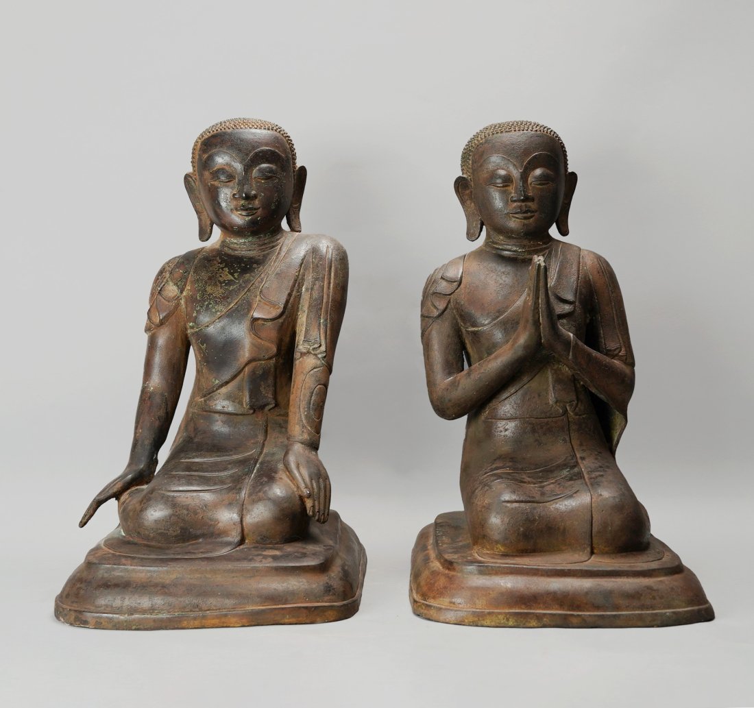 Antique Asian Bronze Buddha PAIR Burmese Large Seated Asian Statues: Estimated age ca. mid to late 19thC. Very good with no breaks, cracks or repairs. These hollow cast, somewhat large statues exhibit all the properties of bronze, including patina and density. However,