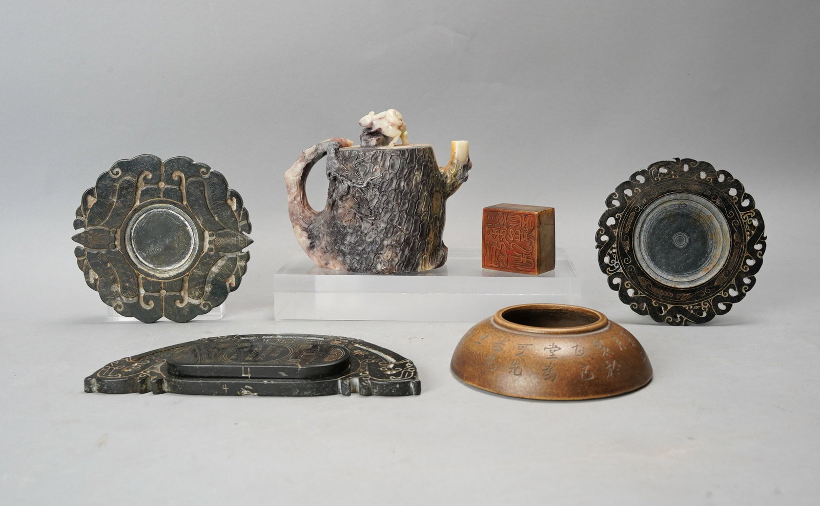 Assorted 19th-20thC Asian Antique Jade, Soapstone and Hardstone Artifacts: Ca. 19th to 20thC, conditions are good overall with no apparent major breaks, chips or repairs. Please enlarge pics to view conditions clearly. Teapot measures approx. H: 4 3/4" W: 5 1/2" D: 2 3/4".