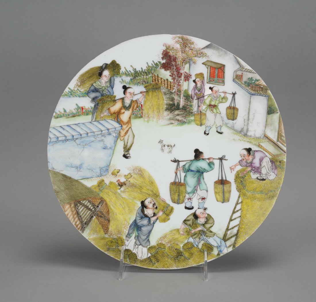 Antique 19th/20thC Chinese Decorated Porcelain Round Plaque Tile: Ca. late 19th to first half 20thC. The cut border edge is rough, not glazed, so we believe this is a piece once housed in a frame. Possibly, at one time, this porcelain plaque was on a table-top or ot