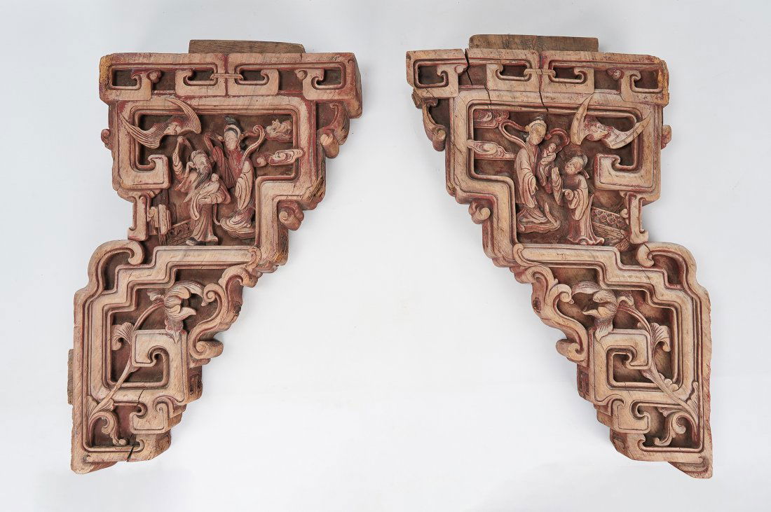 Antique 18th/19thC Chinese Carved Wood Bracket or Dougong PAIR Architectural Fragment: Ca. mid 18th to mid 19thC or earlier. Very good with no major breaks or repairs. Shows significant surface patina wear, some wood loss, possible repaint, etc. In other words, these have the correct am