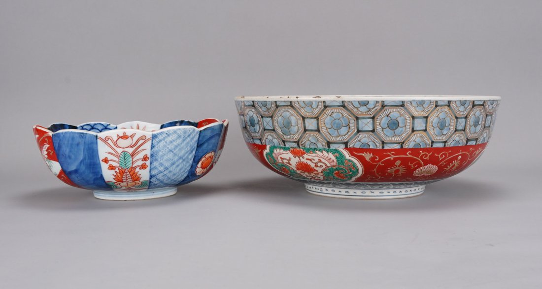 Two Antique 19thC Japanese Imari Porcelain Serving Bowls: Ca. mid to 3trd quarter 19thC. Both very good with no chips, cracks or repairs. Small bowl H: 3 1/4" W: 9" D: 9". Larger bowls measurements included in listing.