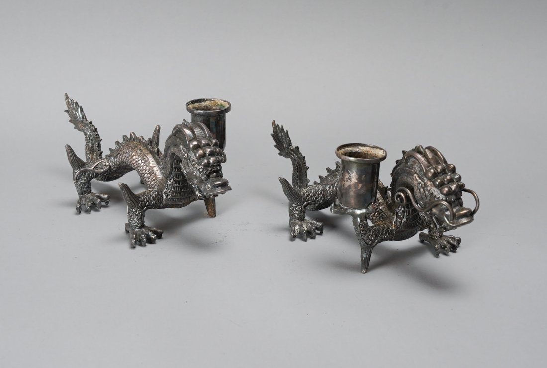 Pair Antique Chinese Silver Over Metal Dragon Candle Holders: Ca. late 19th to early 20thC. Very good with no breaks, cracks or repairs. Very thick silver overlay, possibly over brass.