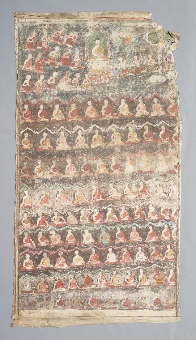 Early Antique Large Tara Thangka Cloth Painting Thailand Wall Hanging #1: Ca. 18th-19thC. Well worn with rough edges and paint rubbing, fading and loss. All age appropriate wear.