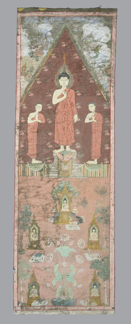 Early Antique Large Tara Thangka Cloth Painting Thailand Wall Hanging #2: Ca. 18th-19thC. Well worn with rough edges and paint rubbing, fading and loss. All age appropriate wear.