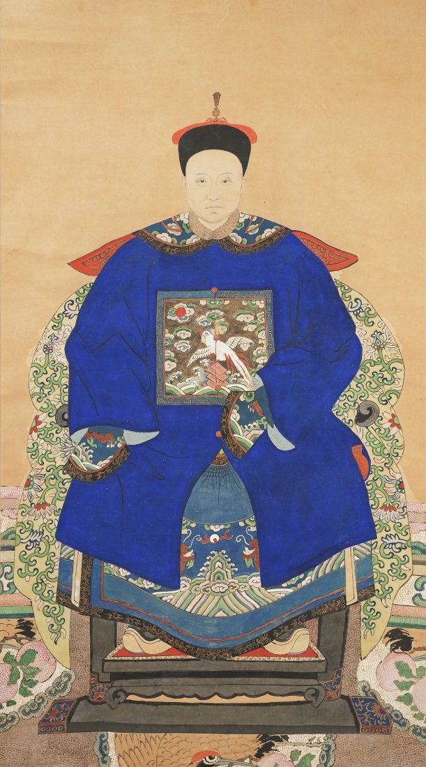 Antique Chinese Qing Ancestor Portrait of a Civil Official Hanging Scroll: Ca. Mid to late 19thC. Good with only light staining, no holes or repairs. Rip on the backing not into the image. Approx. painting H: 31" W: 17 1/2".