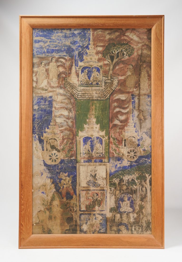 Early Antique Large Tara Thangka Cloth Painting Thailand Wall Hanging #3: Ca. 18th-19thC. Well worn with rough edges and paint rubbing, fading and loss. All age appropriate wear. Approx. sight H: 51" W: 29"