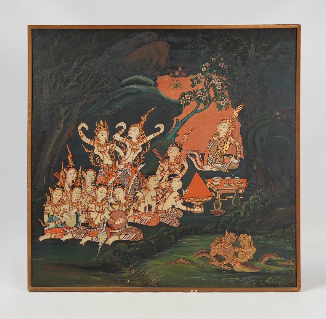Antique Thailand Buddhist Painting Bhuridatta Jataka Signed German Artist R. Hampe: Ca. 20thC. Ink, color and gold on cloth. Very good with bright paint, framed as shown. The paper on the back of this painting explains it completely. Ex-Sloans and Kenyon, Washington DC, 2013. 28 3/4 