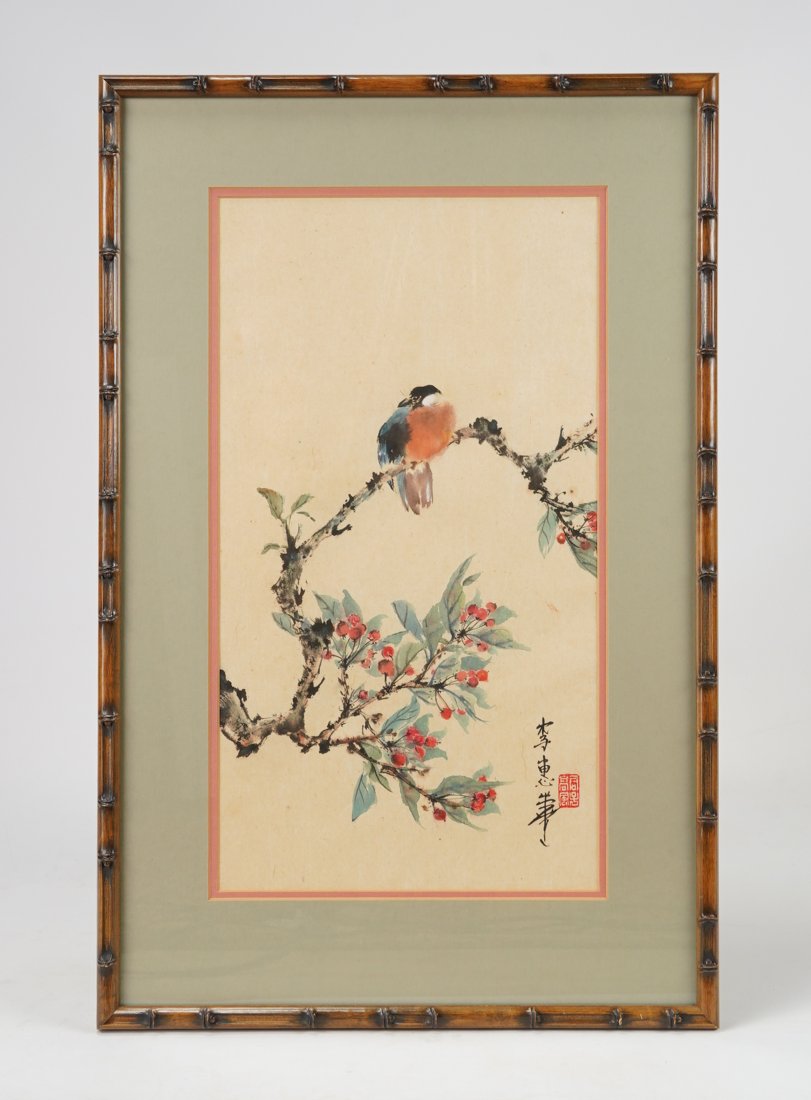 Fine Framed Chinese Painting Bird with Autumn Berries: Ca. 20thC. Excellent sight condition. Framed, matted and sealed under glass. Unexamined out of frame. Ink and color on paper, inscribed by the artist.