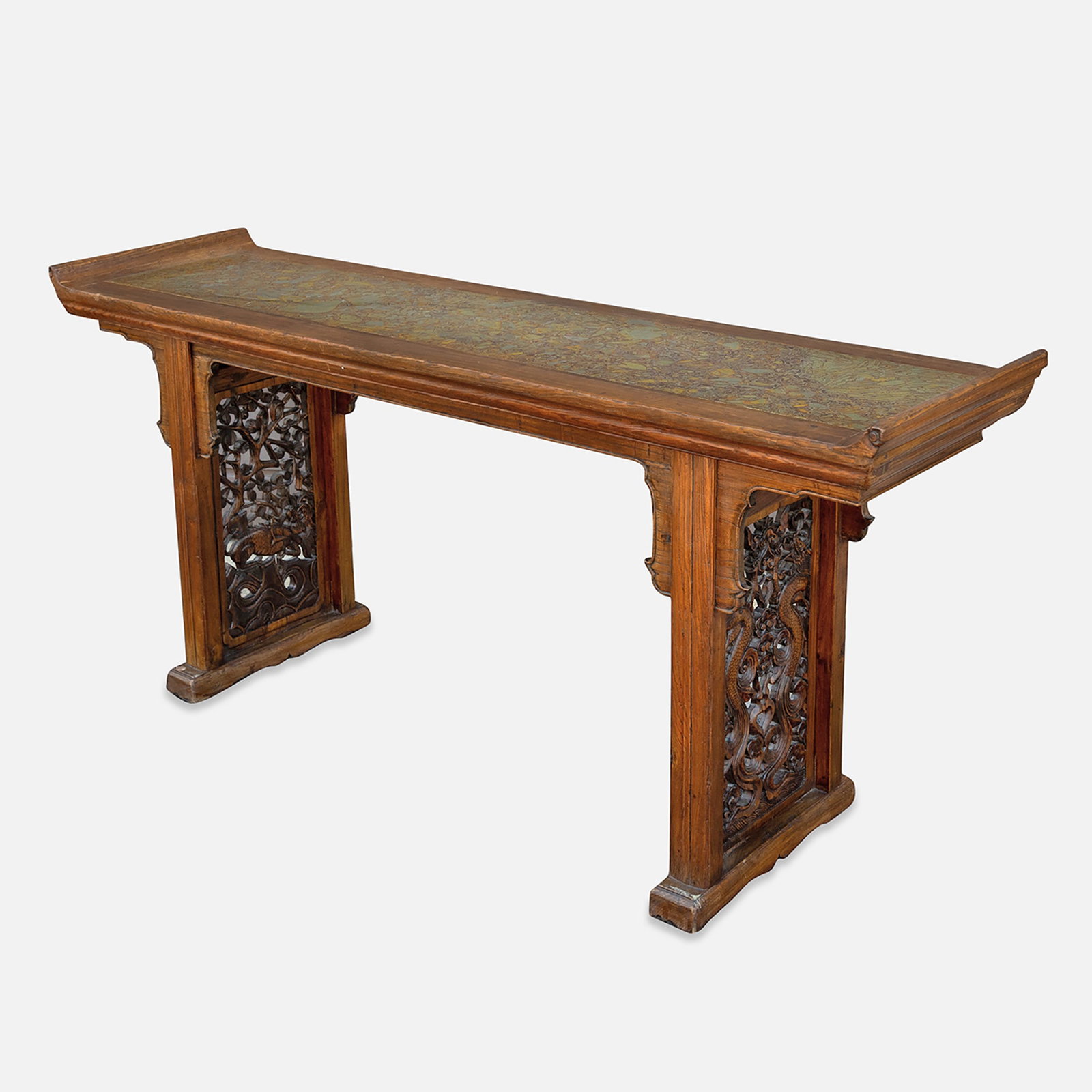 Antique 19thC Chinese Carved Hardwood and Marble Altar Table w/Open Fretwork: Ca. late 19th to early 20thC. Good condition with a break on one end, with the top scroll separated and needing glue. The marble has a few scratches, otherwise fine with no cracks or repairs.
