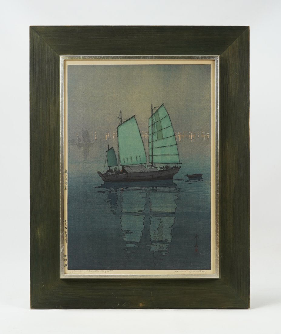 Yoshida Hiroshi The Island Sea Series Sailing Boats Evening Japanese Woodblock Print: Ca. 20thC. Excellent sight condition. Framed, matted and sealed under glass. Not examined out of frame. Approx. sight H: 21" W: 14 3/4".