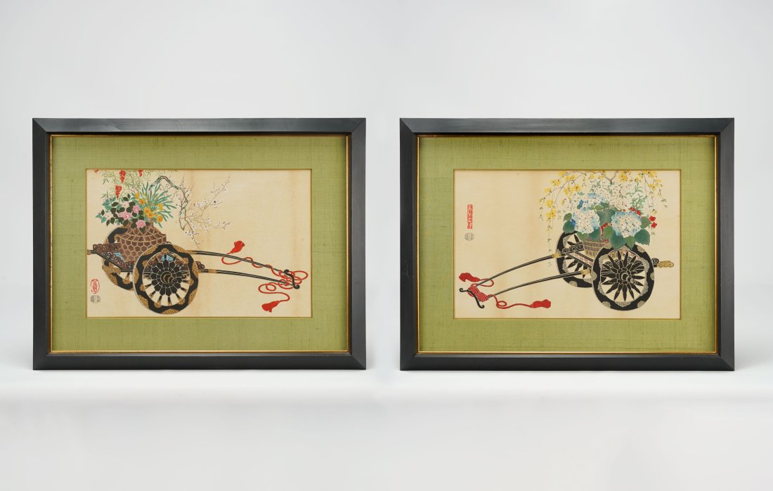Kin-u Takeshita FLOWER CART IN SUMMER Japanese Woodblock Print PAIR: Ca. 20thC. Sight condition shows toning on both prints. Framed and sealed under glass. Unexamined out of frame. Approx. sight H: 9 1/2" W: 15"