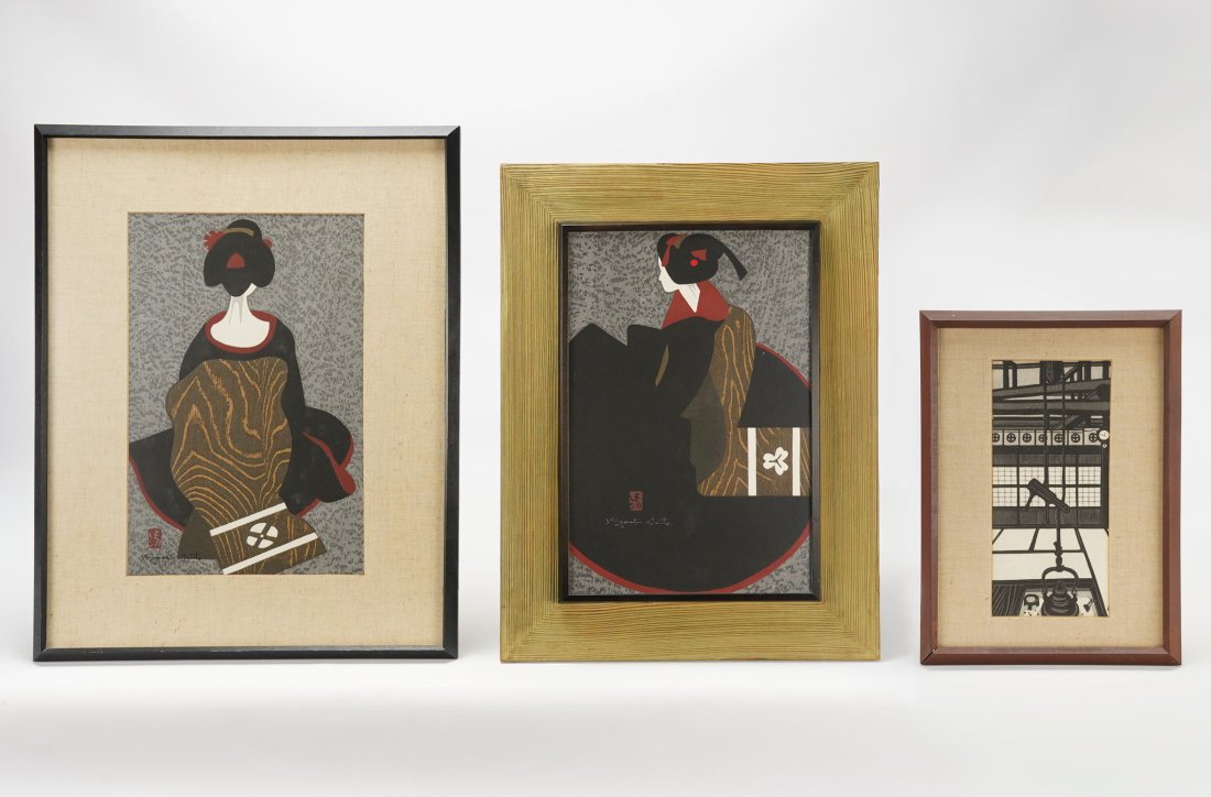 Kiyoshi Saito Japanese Woodblock Print Lot of Three: Ca. mid 20thC. Two can be removed from the frame, and appear very good as shown. The third is matted and sealed under glass, unexamined. Smallest print measures approx. H: 11 1/2" W: 8 1/2". Largest p
