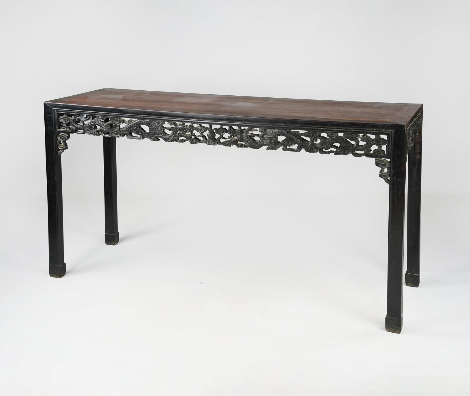 Antique 19thC Chinese Carved Hardwood Alter Console Table: Ca. mid 19thC. There are repairs and missing parts, including loose pieces shown in a separate picture.