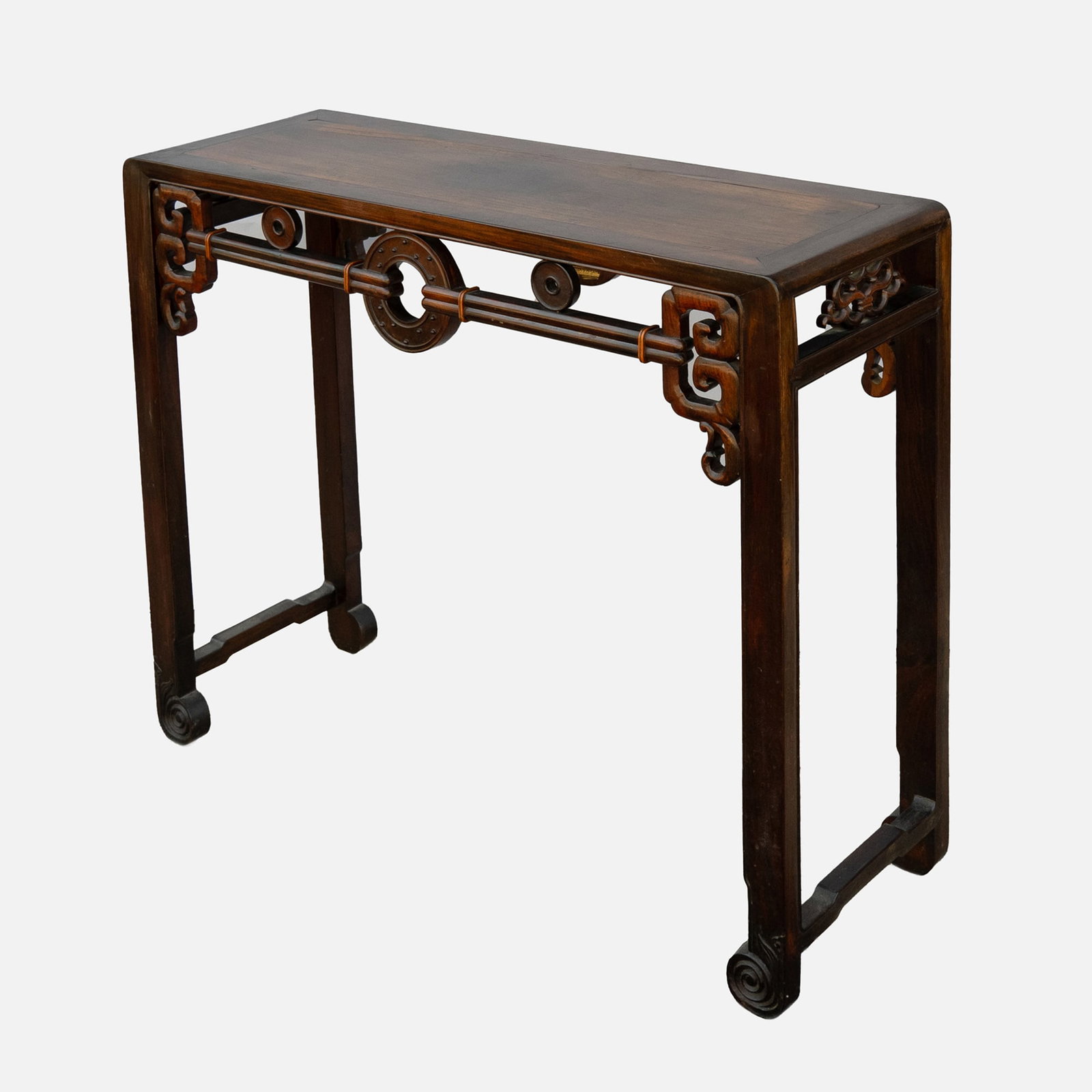 Nice 20thC Asian Style Wood Altar Table: Ca. mid 20thC. Good with leg repairs and top cracks. Slight wobble. Otherwise no other breaks or repairs.