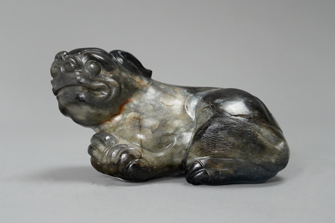 Antique Chinese Carved Multi-Colored Jade Recumbent Mythical Beast: Ca. 19th to early 20thC. Excellent with no chips, cracks or repairs. Weighs approx. 268 grams. Purchased by the present owner from S. Bernstein & Co of San Francisco.
