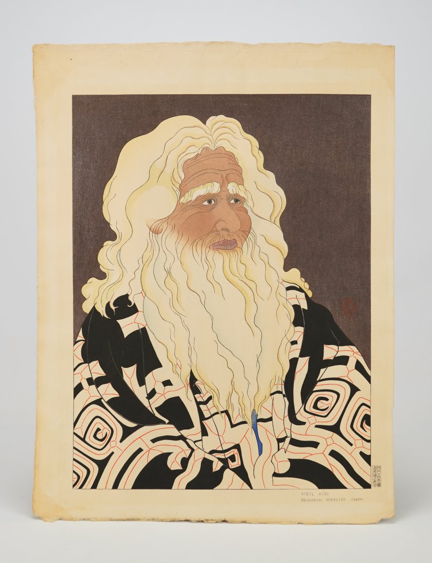 Jacoulet, Paul VIEIL AINO. CHIKABUMI HOKKAIDO. JAPON Pencil Signed, Numbered Woodblock Print: Ca. mid 20thC. Paul Jacoulet (1896-1960) Vieil Veilaino. Chikabumi Hokkaido Japon (Mr. Chikabumi, and Old Aino of Hokkaido) limited edition 1950 woodblock print. Pencil signed middle-right above owl p