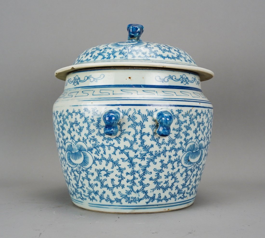Antique 19thC Chinese Blue and White Canton Porcelain Lidded Pot Jar w/Handles #2: Ca. mid 19thC. Very good with no chips, cracks or repairs. On opposite sides are two loop handles for rope. 9 3/4" H x 8 1/2" W x 8" D. THIS ONE MATCHES THE PRIOR LOT.