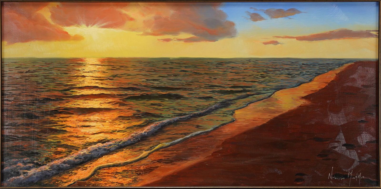 Montllor, Alfredo Navarro. VISTA DE PUESTA DEL SOL Framed Original Seascape Oil Painting on Board (1 of 5)
