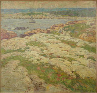 Stevens, William Lester. View of Ten Pound Island 1921 Oil on Canvas Rockport Art Association: Dated 1921, and signed lower right. Very good, apparently restored in 1977 (see writing on back of stretcher). Stevens attended the Boston Museum School as a student of William Tarbell, Frank Benson,