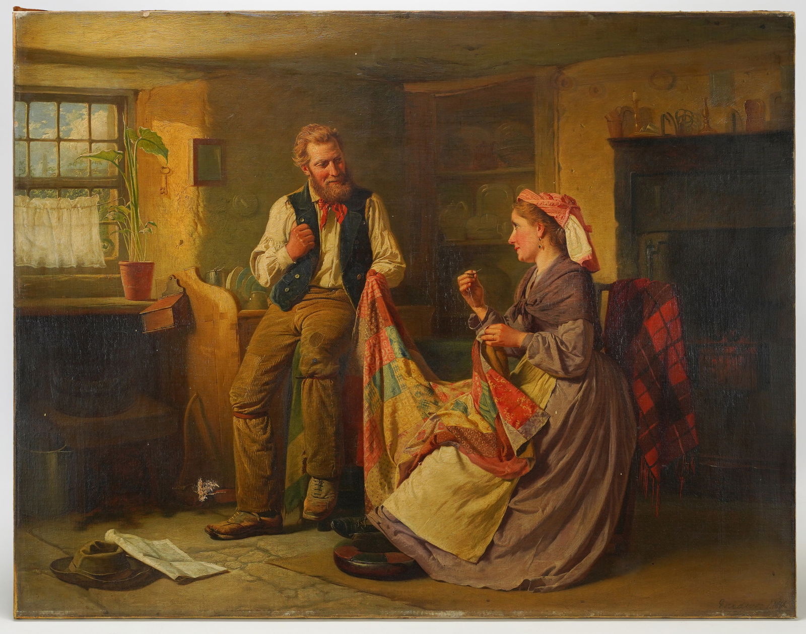 Midwood, William Henry. Antique Oil on Canvas DOMESTIC SCENE Gilt Framed Painting (1 of 9)