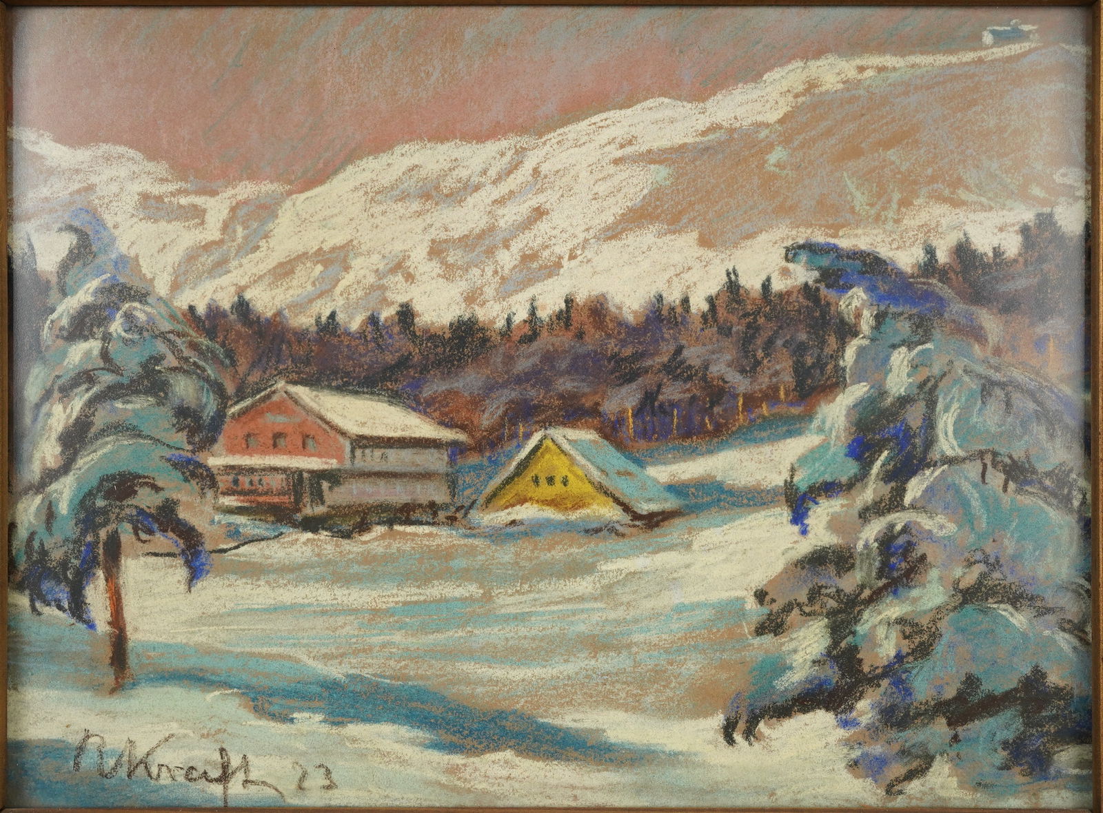 Artist Signed Oil Pastels on Paper SNOW MOUNTAIN LANDSCAPE 1923 Framed Polish Painting (1 of 5)
