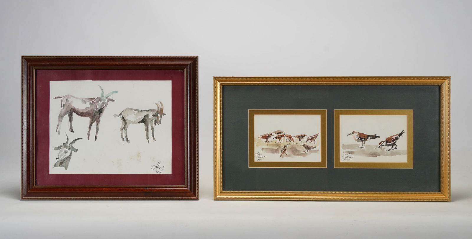 Williams, Ian. BIRD AND GOATS Framed Watercolor Paintings plus Book by Author: Very good sight condition. Framed, matted and sealed under glass. Bird painting: Sight size approx. 4 1/4" x 6" Goat painting: Frame size approx. 13 1/4" x 16" Sight size approx. 8 1/2" x 11". Well re