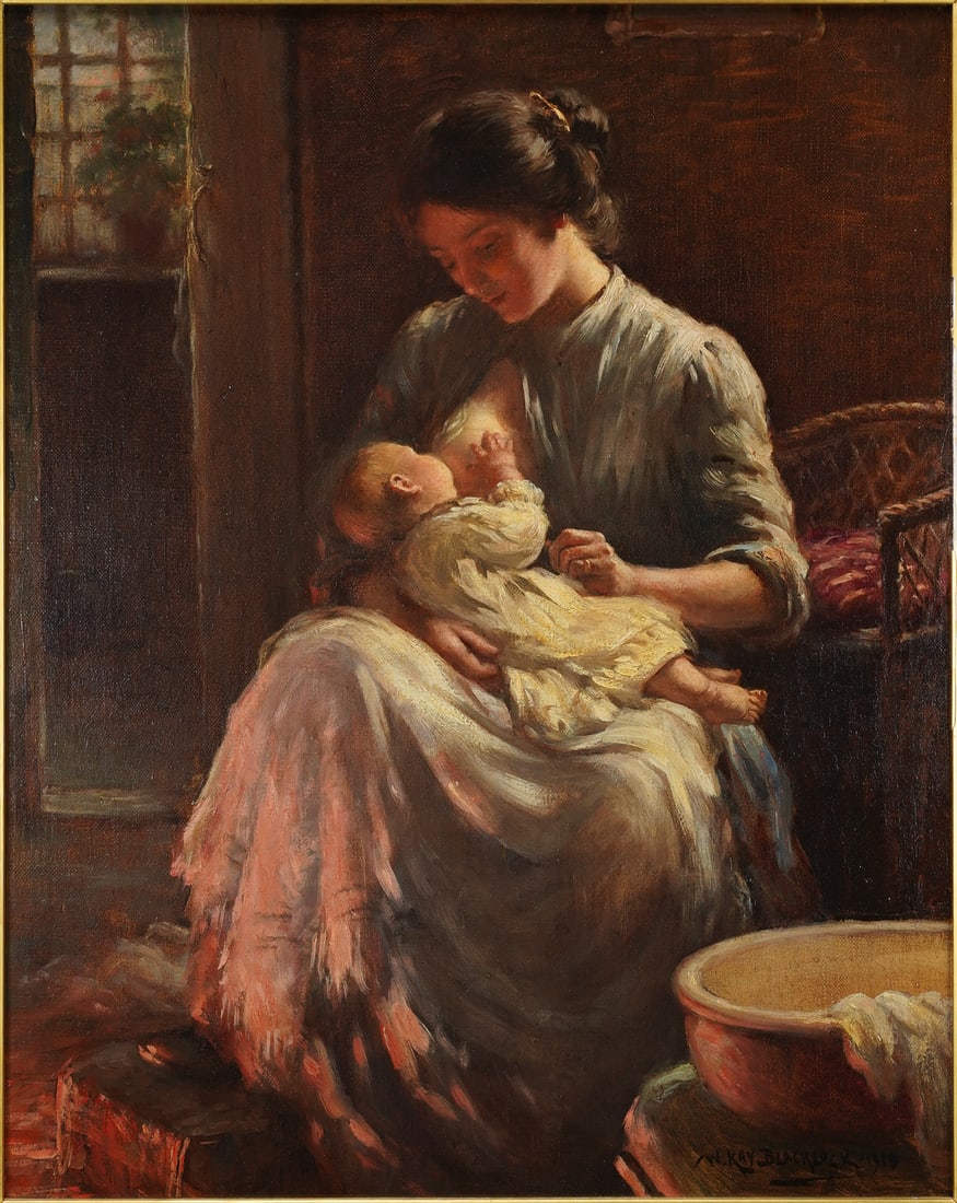Blacklock, William Kay. MOTHER AND CHILD Framed Oil on Canvas: Signed and dated 1910 lower right. Excellent condition in a giltwood gesso frame. Sight size is approx. 19 1/2" x 15 1/2". William Kay Blacklock, (British, 1872-1924) studied at the Royal College of A
