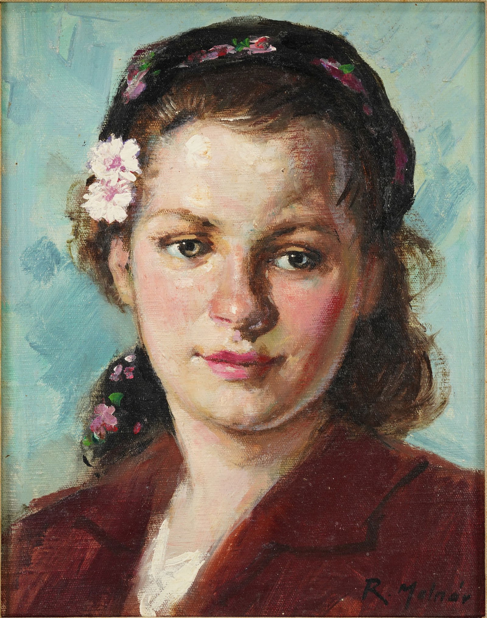 Molnar, Lajos Rezes. Portrait of a Young Woman Framed Oil on Masonite (1 of 4)