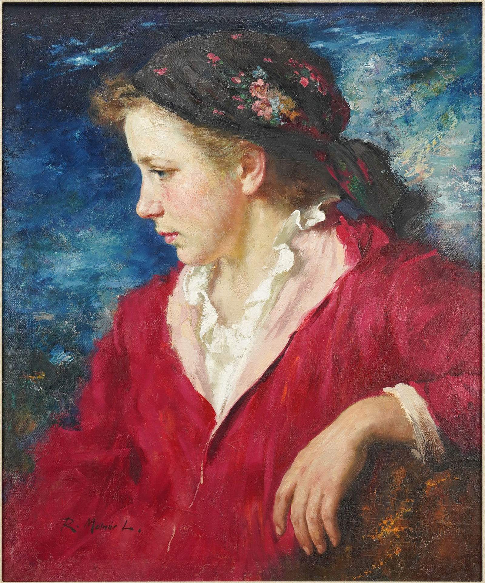 Molnar, Lajos Rezes. Dramatic Portrait of a Young Woman Framed Oil on Canvas (1 of 4)