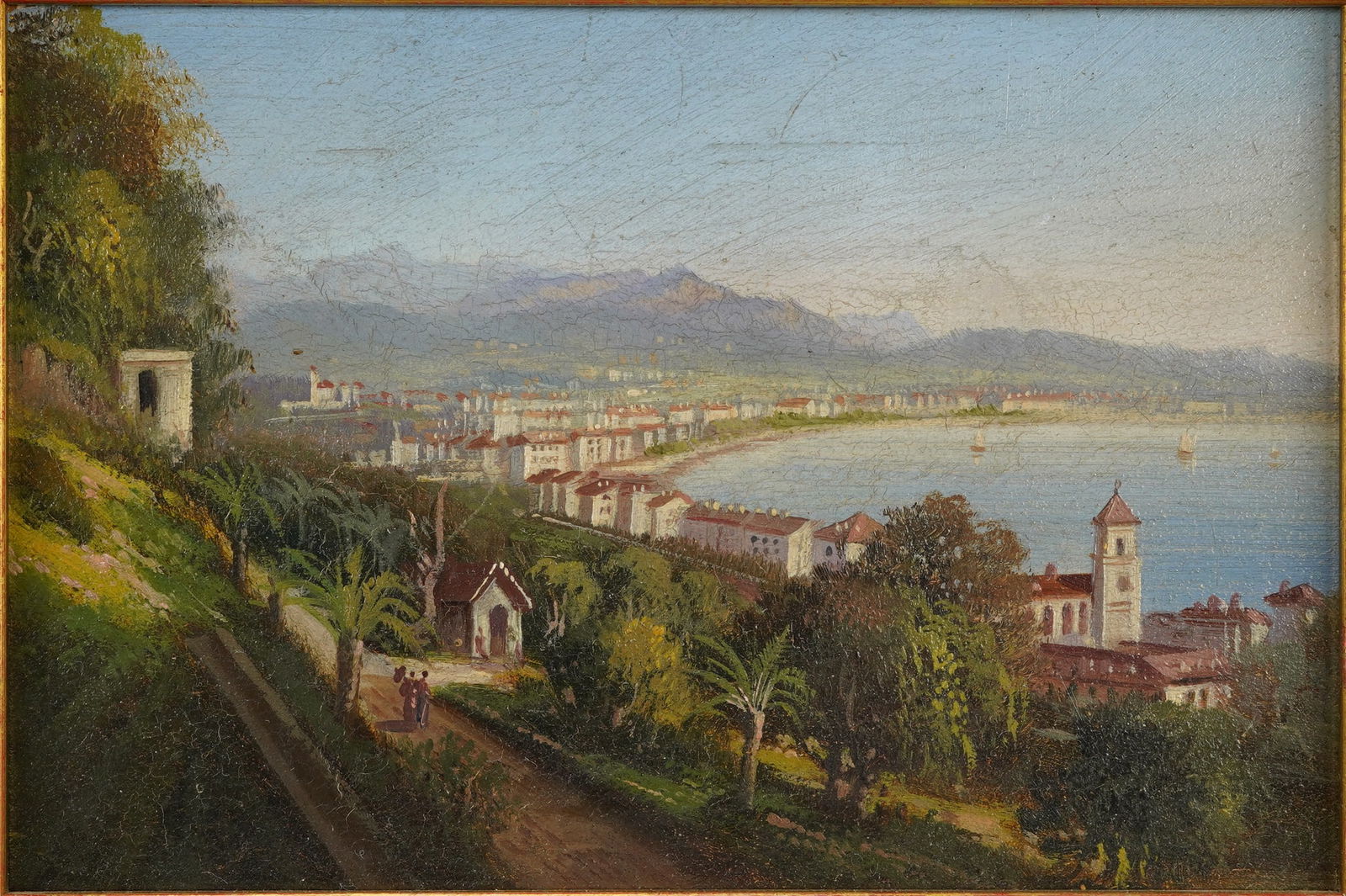 Antique Italian Seacoast Miniature Landscape Oil on Board Painting (1 of 3)