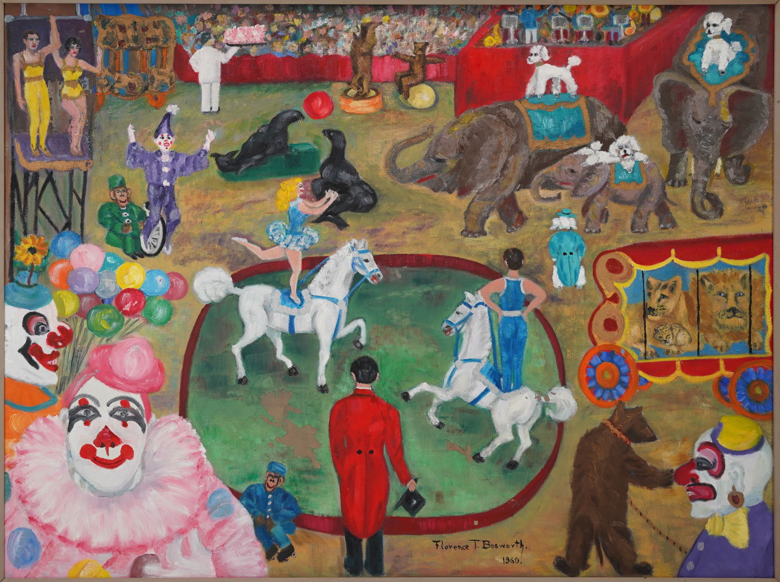 Bosworth, Florence. Very Large Outsider Art Framed Circus Scene American Naive Art Brut Painting (1 of 5)