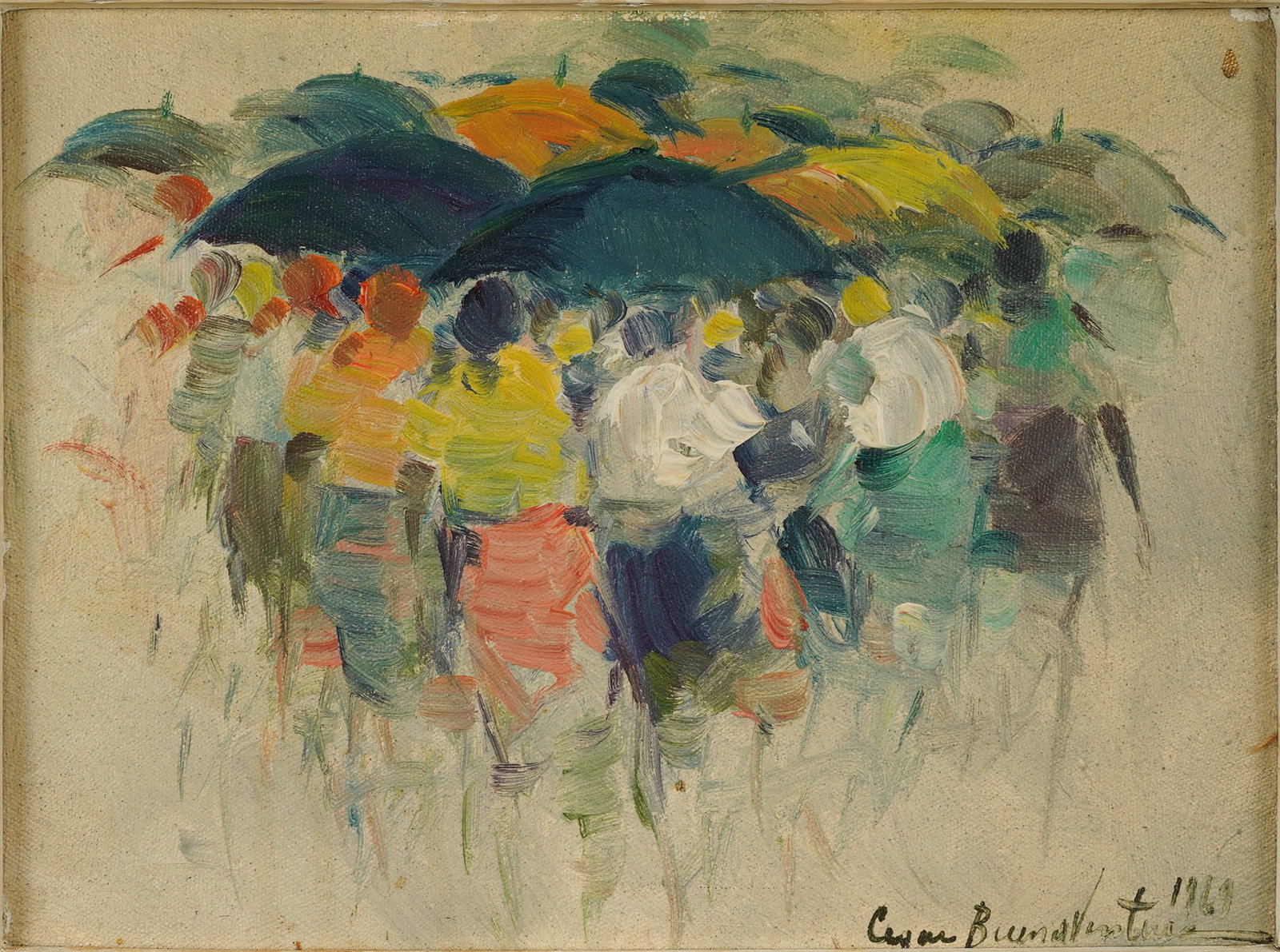 Buenaventura, Cesar. Framed MCM Oil on Canvas UMBRELLAS: Dated 1969 and signed lower right. Excellent with no rips or holes. Cesar Buenaventura (Filipino, 1922–1983), was the son of the celebrated Filipino painter Teodoro Buenaventura, who would train him