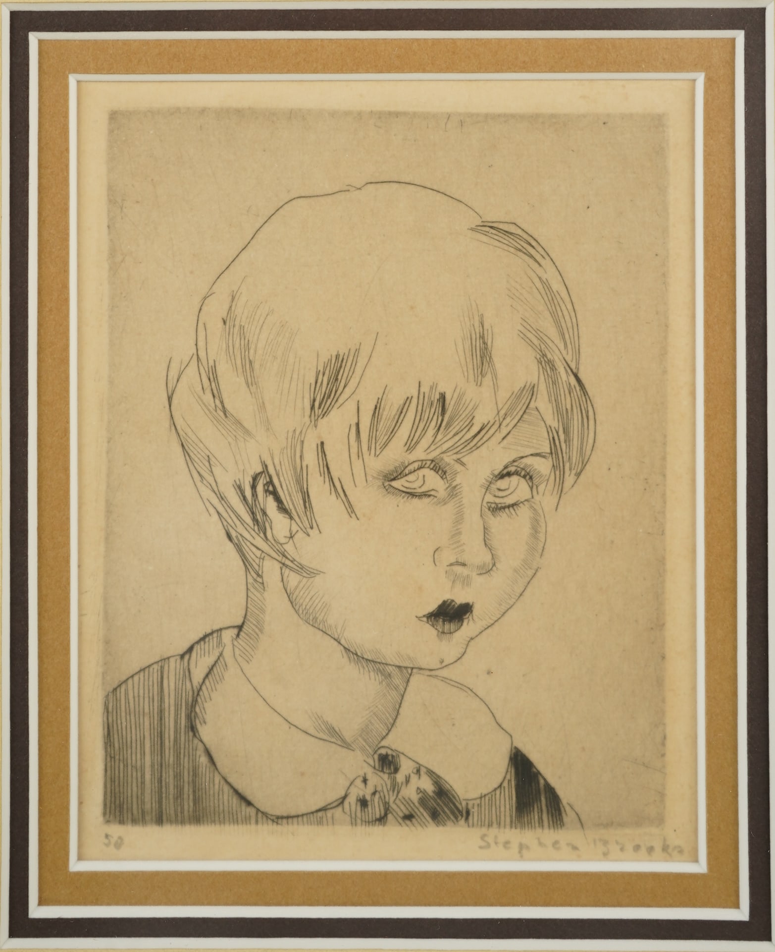 Brooks, Stephen. Girl with Bob Cut Framed Drypoint Etching Print (1 of 4)
