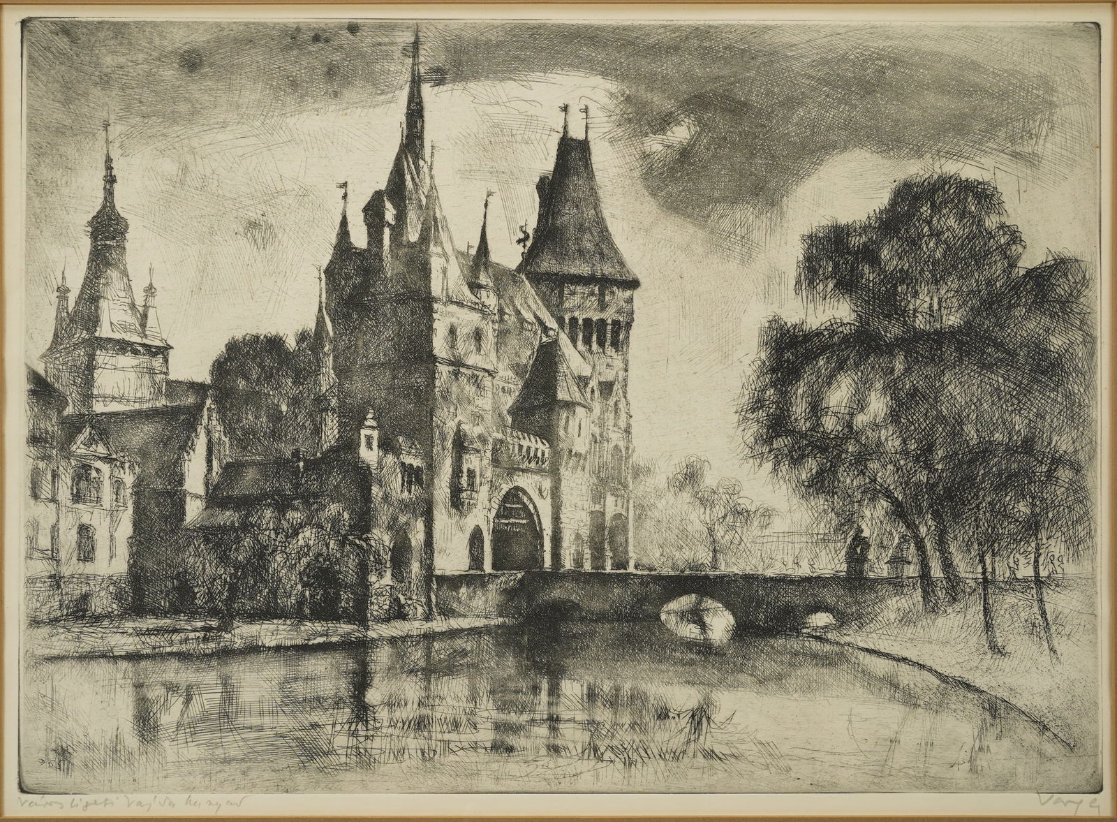 VAJDAHUNYAD CASTLE Artist Signed Budapest Hungarian Drypoint Etching Landscape (1 of 4)