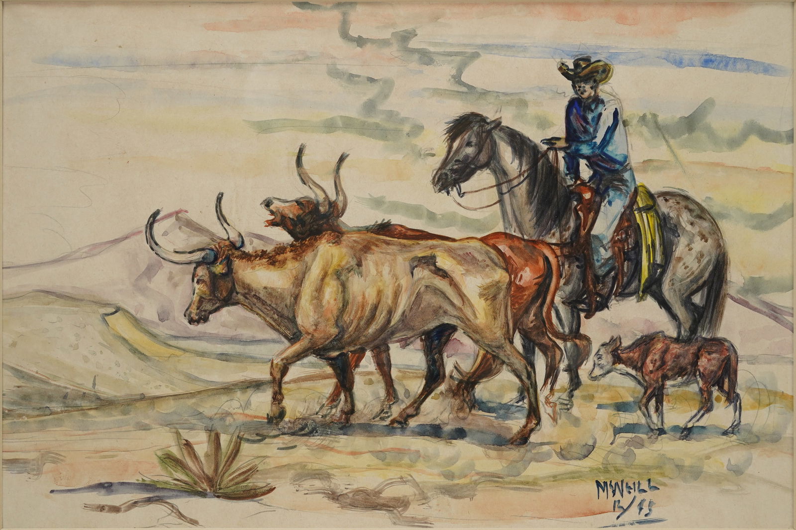 Cowboy on Horseback w/Steers Original Watercolor on Paper Framed Painting (1 of 4)